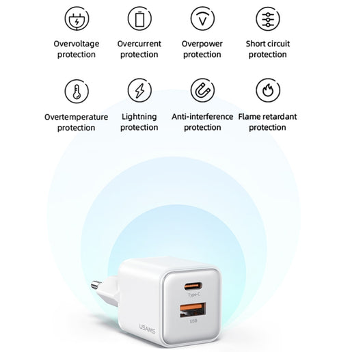 USAMS US-CC189 PD 30 W USB+USB-C/Typ-C Dual-Port-Galvanik-Ladegerät, EU-Stecker