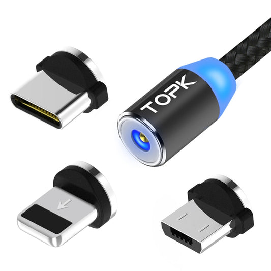 TOPK 1 m 2,4 A Max. USB auf 8 Pin + USB-C / Typ C + Micro USB Nylon geflochtenes magnetisches Ladekabel mit LED-Anzeige