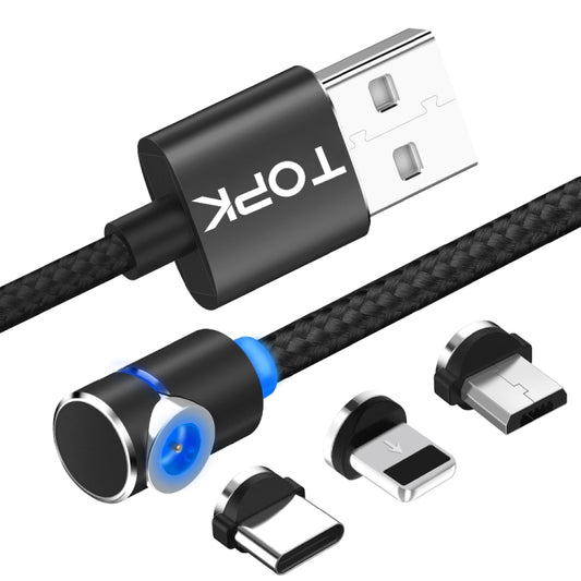 TOPK AM30 1 m 2,4 A Max. USB auf 8 Pin + USB-C / Typ-C + Micro USB 90 Grad Winkelstück magnetisches Ladekabel mit LED-Anzeige