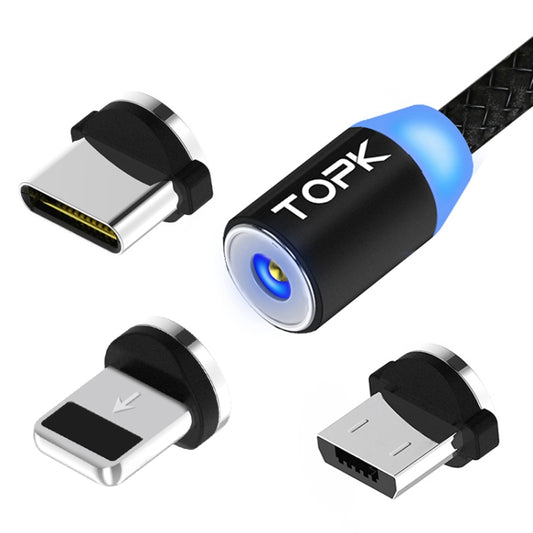 TOPK AM23 1 m 2,1 A Ausgang USB auf 8 Pin + USB-C / Typ C + Micro USB Mesh geflochtenes magnetisches Ladekabel mit LED-Anzeige